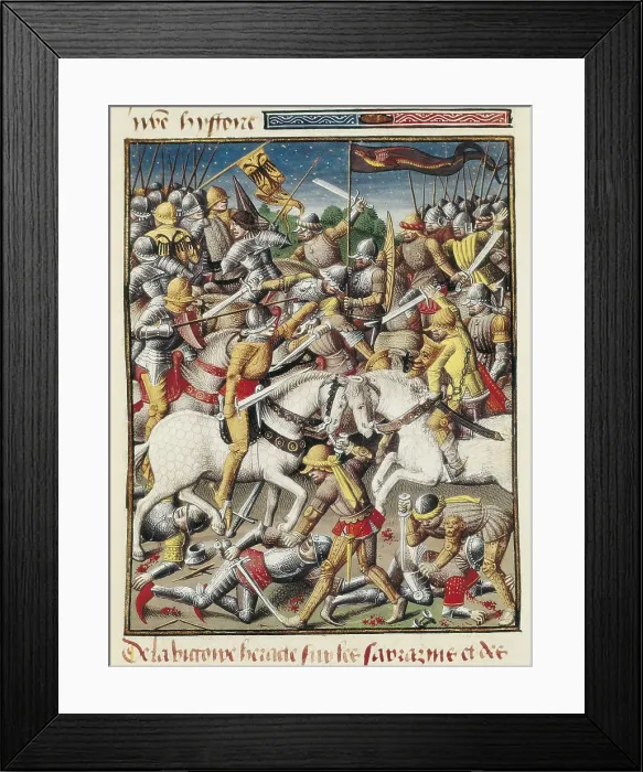 Framed Print : VINCENT of BEAUVAIS (1190-1264). Speculum historiale. ca. 1460. Page 2454. The Byzantine Emperor Heraclius defeating Saracen people (8th. Gothic art. Miniature Painting. FRANCE)