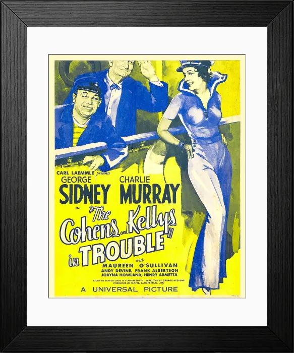Framed Print : THE COHENS AND KELLYS IN TROUBLE, from left: George Sidney, Charles Murray, Maureen O'Sullivan on window card, 1933