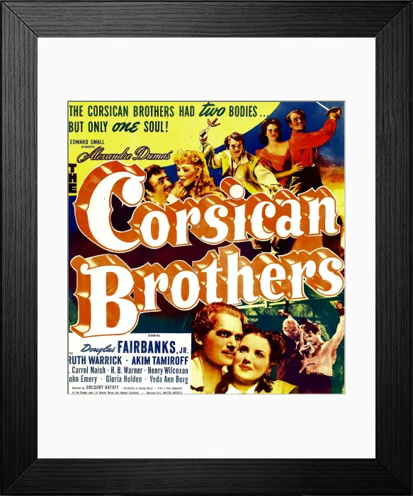 Framed Print : THE CORSICAN BROTHERS, top from left: Akim Tamiroff, Douglas Fairbanks Jr. bottom from left: Douglas Fairbanks Jr. Ruth Warrick on window card, 1941 Framed Print : THE CORSICAN BROTHERS, top from left: Akim Tamiroff, Douglas Fairbanks Jr. bottom from left: Douglas Fairbanks Jr. Ruth Warrick on window card, 1941
