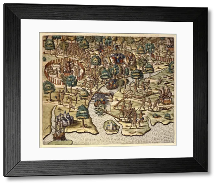 Framed Print : America Tertia Pars, 1562. Methods of Sieging and Attacking. Flemish art. Engraving. FRANCE. Paris. Bibliothque du service historique de la Marine