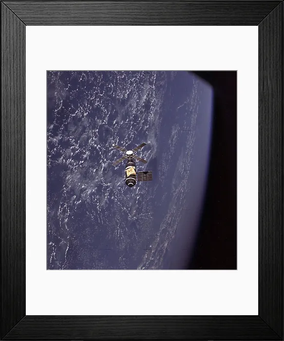 Framed Print : Skylab in orbit. The golden shape is a NASA made parasol that replaced the heat shield damaged during May 14, 1973 launch