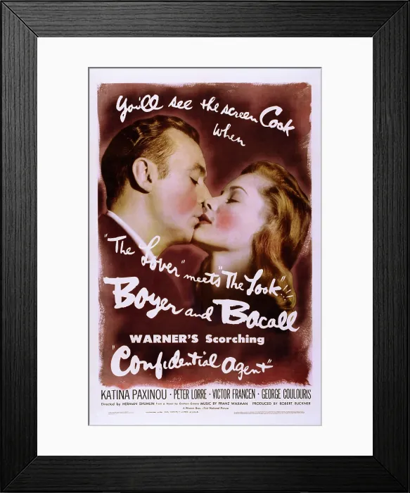 Framed Print : CONFIDENTIAL AGENT, US poster, from left: Charles Boyer, Lauren Bacall, 1945