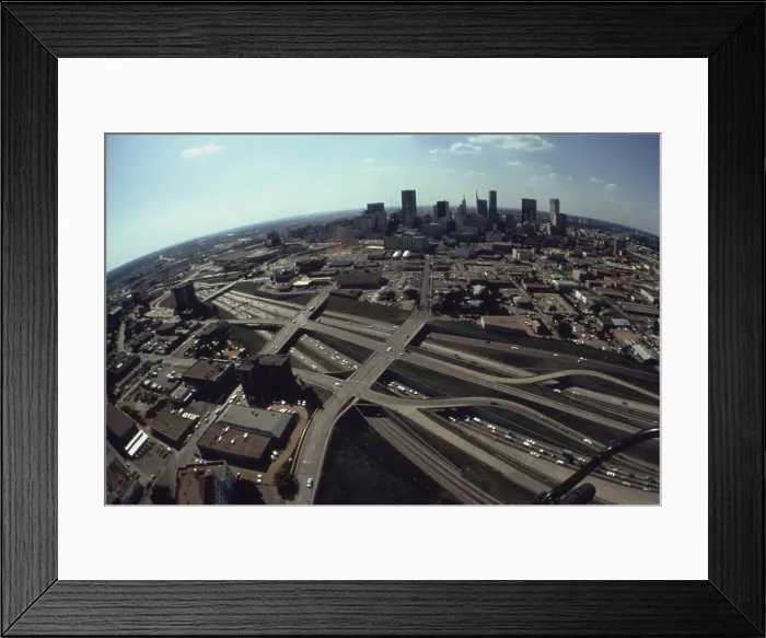 Framed Print : Fisheye aerial view of the complex concrete ribbons dividing and merging in Los Angeles. Ca. 1973-75