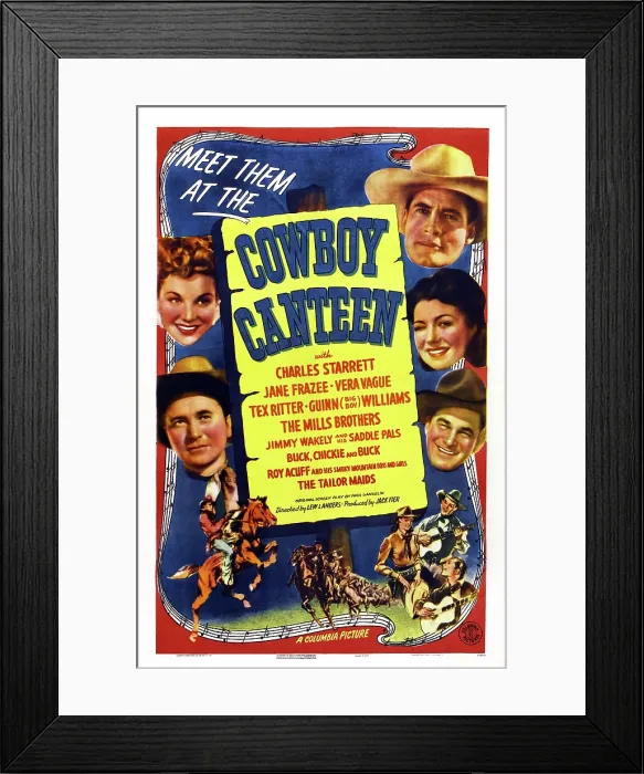 Framed Print : COWBOY CANTEEN, US poster, left from top: Jane Frazee, Tex Ritter, right from top: Charles Starrett, Barbara Jo Allen (as Vera Vague), Guinn Big Boy Williams, 1944