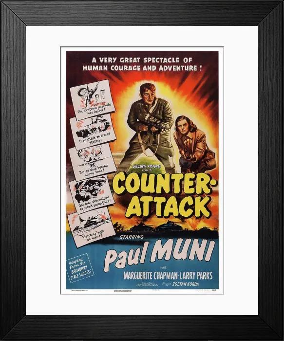 Framed Print : COUNTER-ATTACK, US poster art, from left: Paul Muni, Marguerite Chapman, 1945