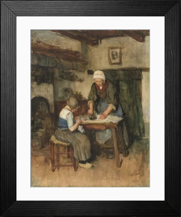 Framed Print : Interior with Woman Ironing and Sewing Child, by Albert Neuhuys, c. 1900-19. Dutch watercolor. From 1900 to 1910 Neuhuys painted many colorful rural interiors and workers