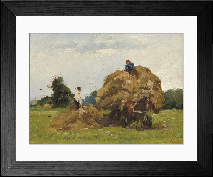 Framed Print : Daddy Longlegs, by Willem de Zwart, c. 1885-1910. Dutch painting, oil on panel. Two farmers piling hay on a hay wagon with horse on the field. (BSLOC_2016_1_61)