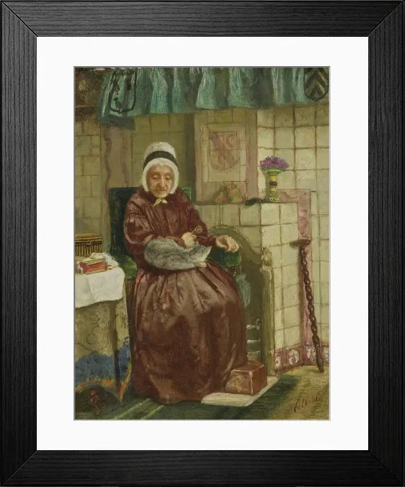 Framed Print : Old Woman by the Fireplace, by August Allebe, c. 1850-7. Dutch painting, oil on panel. She has a cat curled up on her lap in a neat tiled interior. (BSLOC_2016_1_59)