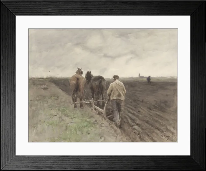Framed Print : Plowing Farmer, 1848-88, Dutch watercolor painting by Anton Mauve. In distance another farmer sows seeds. In far distance is the steeple of a church. (BSLOC_2016_1_6)