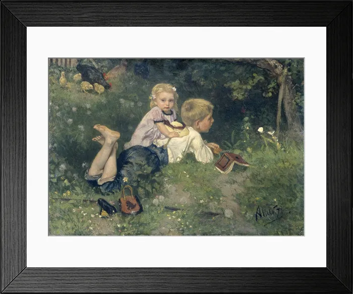 Framed Print : The Butterflies, by August Allebe, 1871, Dutch painting, oil on panel. A boy lying on grass while watching butterflies. He is accompanied by a blond little girl