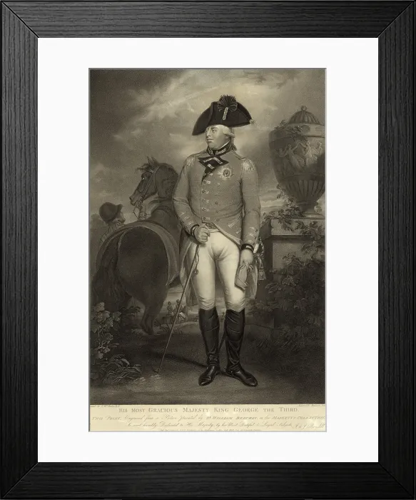 Framed Print : King George III, of Great Britain, 1763-64 portrayed wearing a military uniform. Nearby is a horse attended by a groom, with soldiers in the background Framed Print : King George III, of Great Britain, 1763-64 portrayed wearing a military uniform. Nearby is a horse attended by a groom, with soldiers in the background