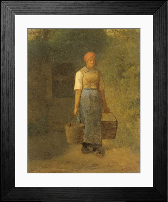Framed Print : Girl Carrying Water, by Jean Francois Millet, c. 1855-60. French oil painting on canvas. French peasant woman with two buckets and a well in the background. (BSLOC_2016_1_47)