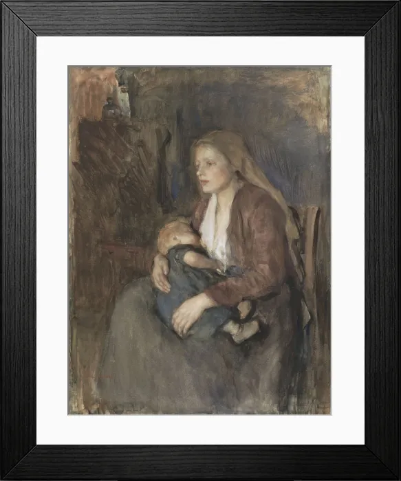 Framed Print : Nordic Madonna, by Albert Neuhuys, c. 1890-1910. Dutch watercolor painting. Rural Dutch mother nursing her child. (BSLOC_2016_1_48)