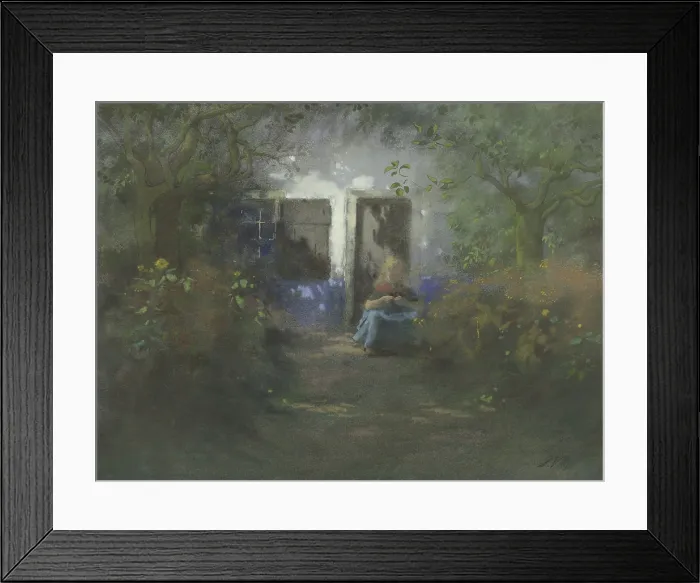 Framed Print : Idyll, by Jan Voerman, c. 1890-1930, Dutch painting, Watercolor on paper. Soft focus view on garden path with woman seated in front of a house. (BSLOC_2016_1_52)