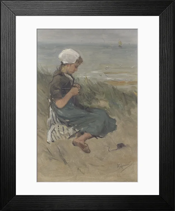 Framed Print : Girl Knitting in the Dunes, by Bernardus Johannes Blommers, c. 1890-1920. Dutch watercolor painting. (BSLOC_2016_1_55)