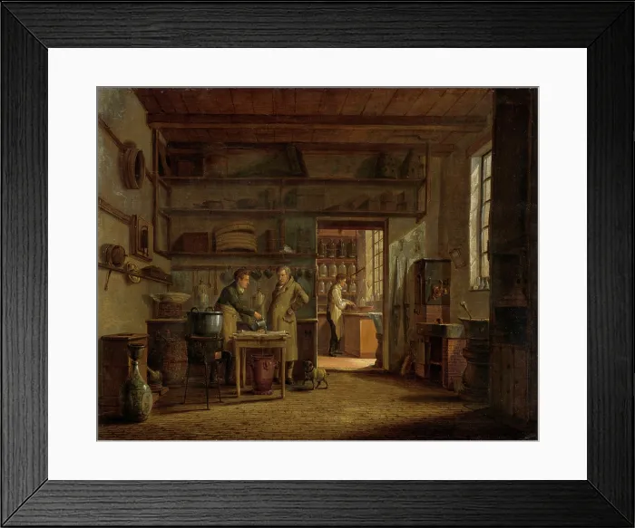 Framed Print : Interior of the Laboratory of the Apothecary, by Johannes Jelgerhuis, 1818, Dutch painting, oil on canvas. An man is mixing a drug, for a waiting customer Framed Print : Interior of the Laboratory of the Apothecary, by Johannes Jelgerhuis, 1818, Dutch painting, oil on canvas. An man is mixing a drug, for a waiting customer