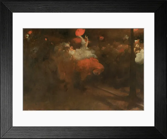 Framed Print : Orange Festival, by Jac van Looij, 1890-92, Dutch painting, oil on canvas. Dancing Oranjefeest costumed revelers with lanterns and fireworks in the street at night