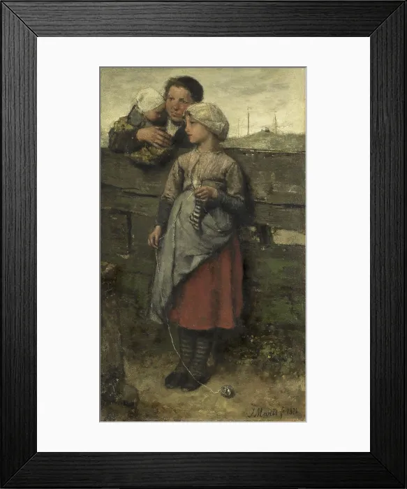 Framed Print : Villagers, by Jacob Maris, 1872, Dutch painting, oil on canvas. A girl, leans against a wooden fence, holding her knitting, while talking to a neighbor with a child on her arm
