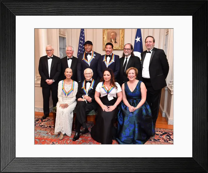 Framed Print : US Secretary of State Rex Tillerson poses with the 2017 Kennedy Center Honorees, Dec. 2, 2017. Honorees wear the distinctive multicolored ribbon