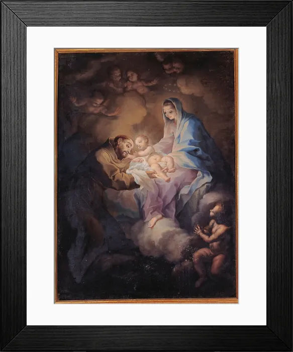 Framed Print : St Francis Receives the Child by Madonna, by Giuseppe Nicola Nasini, 17th Century, - Italy, Umbria, Perugia, Assisi, San Francesco Basilica, Convent. All