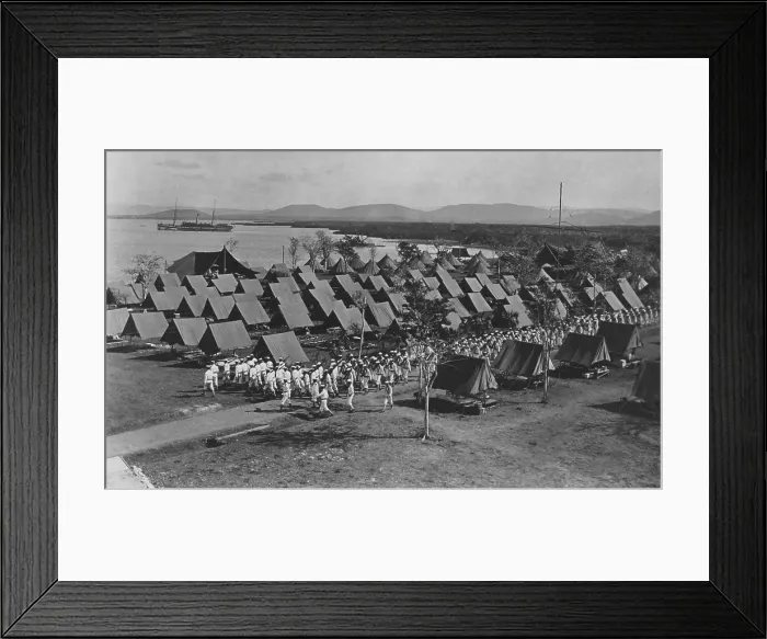 Framed Print : Atlantic Fleet sailors marching through a tent camp, at Guantanamo Bay, Cuba, 1909. They debarked from the USS SOLACE seen in the background (BSLOC_2017_2_80) Framed Print : Atlantic Fleet sailors marching through a tent camp, at Guantanamo Bay, Cuba, 1909. They debarked from the USS SOLACE seen in the background (BSLOC_2017_2_80)