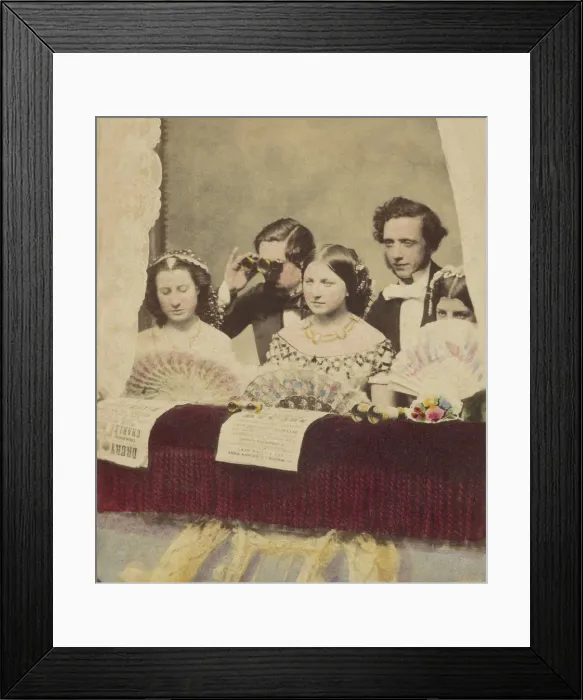Framed Print : Three fashionable young women and two men in a private box of a theater, c. 1855-65. By London photographer, Alfred Silvester