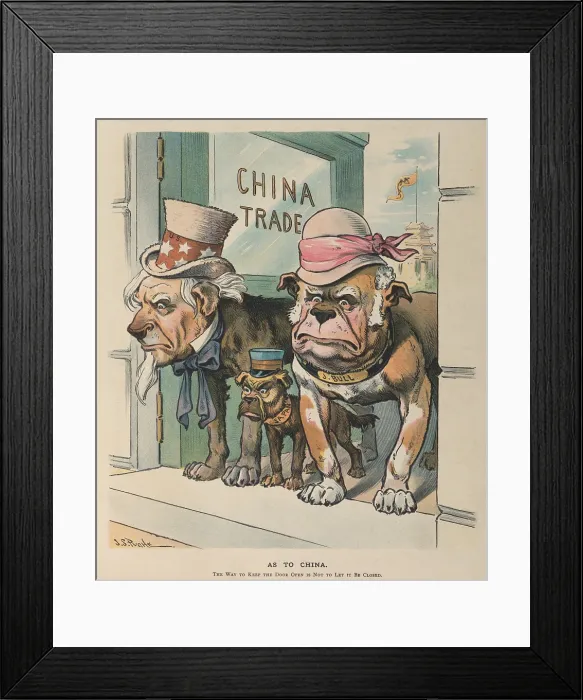 Framed Print : AS TO CHINA. Cartoon shows Uncle Sam John Bull and Japan as dogs guarding an open doorway China Trade'. European powers established economic zones that blocked U.S