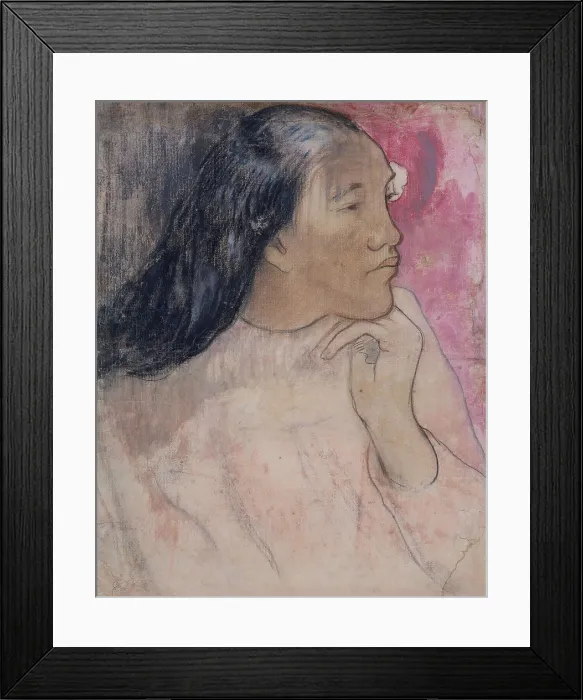 Framed Print : Tahitian Woman with a Flower in Her Hair, by Paul Gauguin, 1891-92, French Post-Impressionism. This is a mixed media drawing of charcoal, pastel, and wash (BSLOC_2017_5_29)