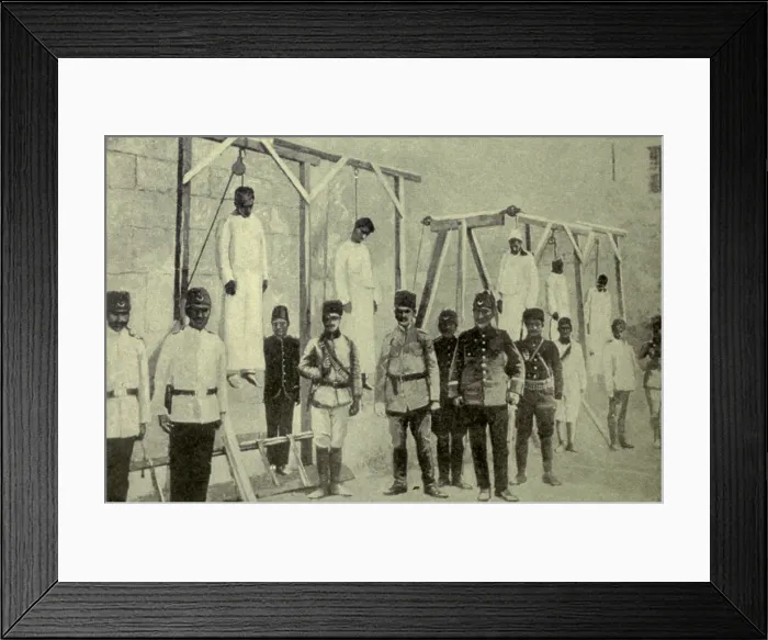 Framed Print : Execution of five Armenian priests by Ottomans in Jaffa, Palestine. Nov. 1917. The hanging took place just before Jaffa was captured by British forces on November 18, 1917