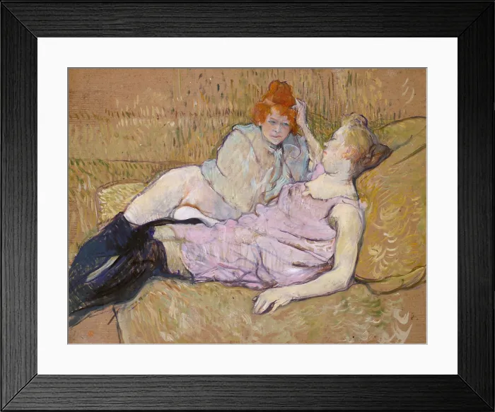 Framed Print : The Sofa, by Henri de Toulouse-Lautrec, 1894-96, French Post-Impressionist, oil on canvas cardboard. Two prostitutes identified as a lesbian couple, lounge on a sofa
