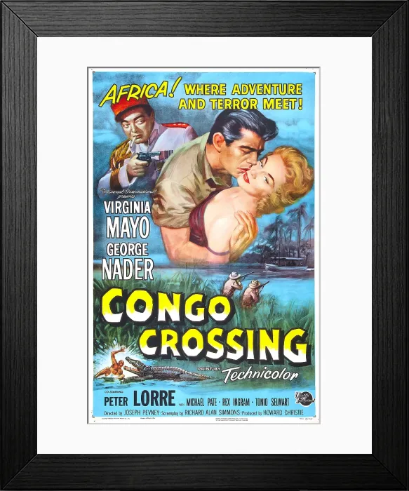 Framed Print : CONGO CROSSING, US poster, from left: Peter Lorre, George Nader, Virginia Mayo, 1956