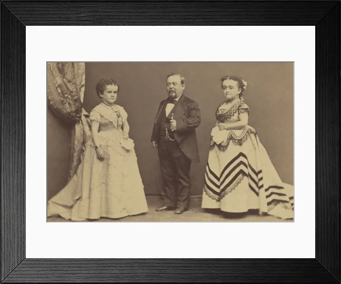 Framed Print : Charles S. Stratton, Lavinia Warren Stratton, and her sister, Minnie Warren, c. 1863. Minnie married another little person, Edmund Newell, who also a performer for P. T