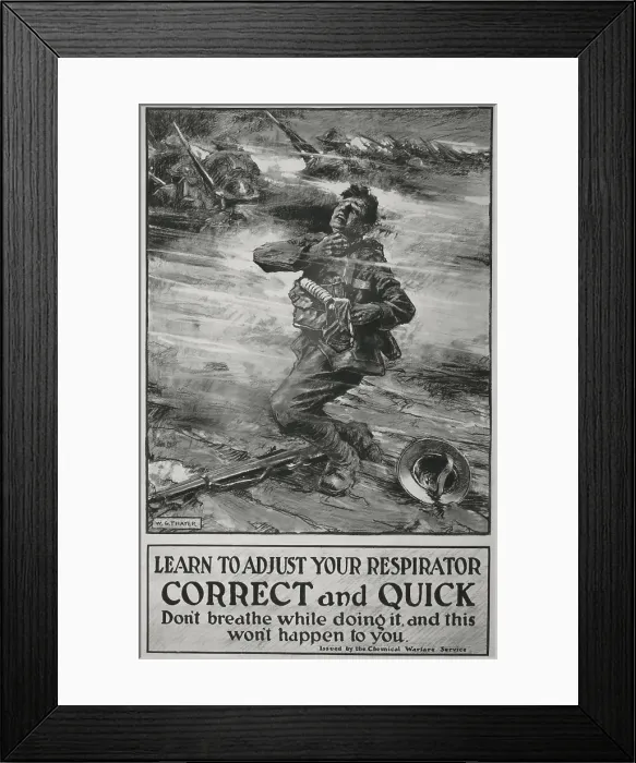 Framed Print : British poster instructing soldiers in use of WW1 gas masks. 1915. It reads, Learn to adjust your respirator correct and quick