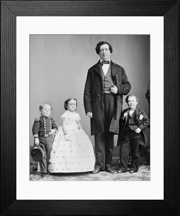 Framed Print : George Nut, Charles Stratton (aka Tom Thumb), Lavinia Warren Stratton, and The Giant, c. 1863-65. All were performers for P.T Framed Print : George Nut, Charles Stratton (aka Tom Thumb), Lavinia Warren Stratton, and The Giant, c. 1863-65. All were performers for P.T