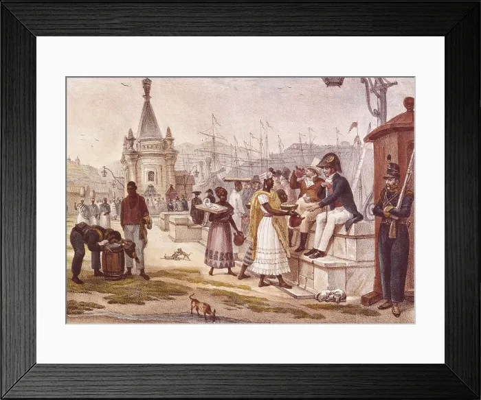 Framed Print : DEBRET, Jean Baptiste (1768-1848). A Colourful and Historic Journey to Brazil. 1839. 'Les rafraichissemens de l'apres diner la place du palais'