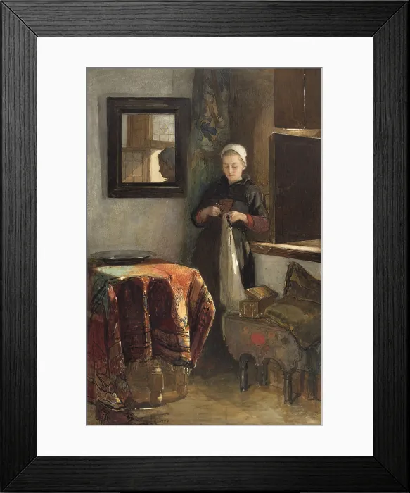 Framed Print : The Sunny Nook, by Christoffel Bisschop, c. 1855-1899. Dutch watercolor painting. Young women stands in a corner of a sunlight room working with scissors and fabric