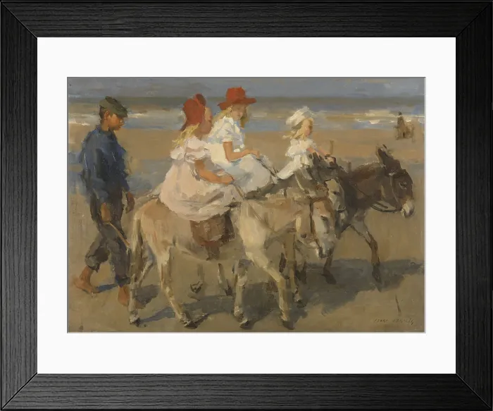 Framed Print : Donkey Rides on the Beach, by Isaac Israels, c. 1890-1901. Dutch watercolor painting. Young blond girls in white dresses ride three donkeys on the beach