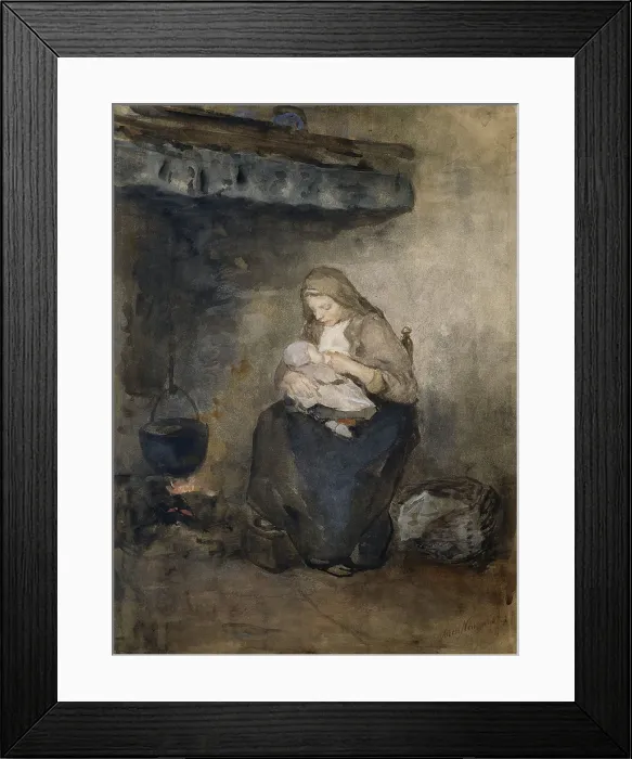 Framed Print : Mother Suckles her Child by the Fire, by Albert Neuhuys, c. 1890-1910. Dutch watercolor. Rural mother breat feeding her child near hearth with cooking pot. (BSLOC_2016_1_71)
