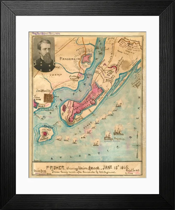 Framed Print : US Civil War. Fort fisher Expedition, Dec. 8, 1864 - Jan. 15, 1865. The map shows the Confederate artillery positions protected behind earthen mounds Framed Print : US Civil War. Fort fisher Expedition, Dec. 8, 1864 - Jan. 15, 1865. The map shows the Confederate artillery positions protected behind earthen mounds