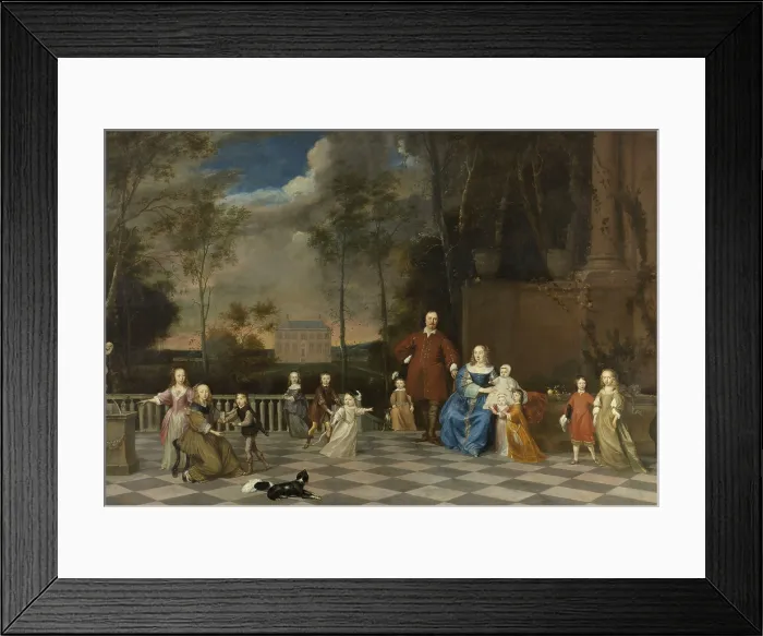 Framed Print : Amsterdam Merchant Jeremias van Collen with his Wife and their Twelve Children, 1655-57. Attributed to Pieter van Anraedt, Dutch painting, oil on canvas
