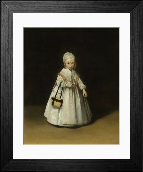Framed Print : Helena van der Schalcke, by Gerard ter Borch (II), 1648 Dutch painting, oil on panel. While she appears dressed as a little adult, one of her walking reins is visible