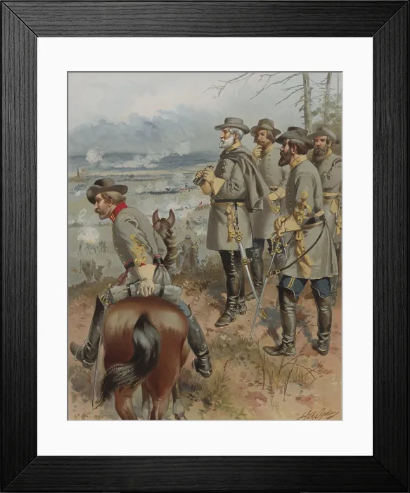 Framed Print : Confederate General Robert E. Lee standing on a ridge with other commanders, monitoring the US Civil War Battle at Fredericksburg, Virginia, 11-15 December 1862. J. E.B