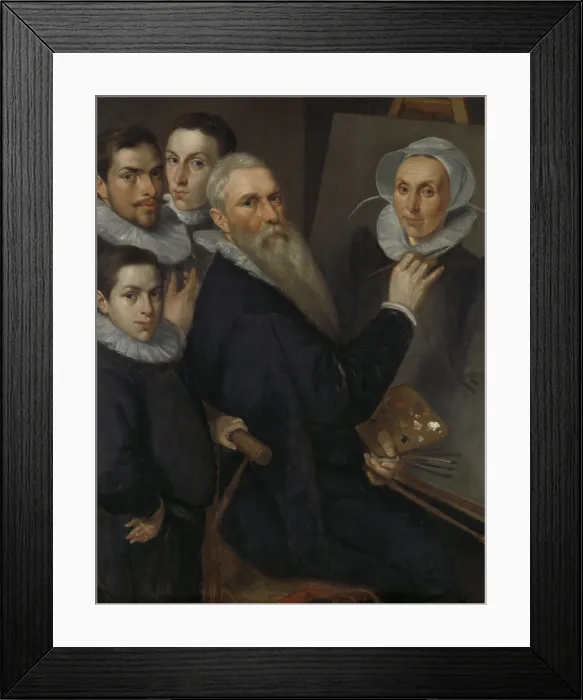 Framed Print : Self Portrait of the Painter and his Family, by Jacob Delff (I), 1594, Dutch painting, oil on panel. The artist paints a portrait of his wife, Maria Nagel