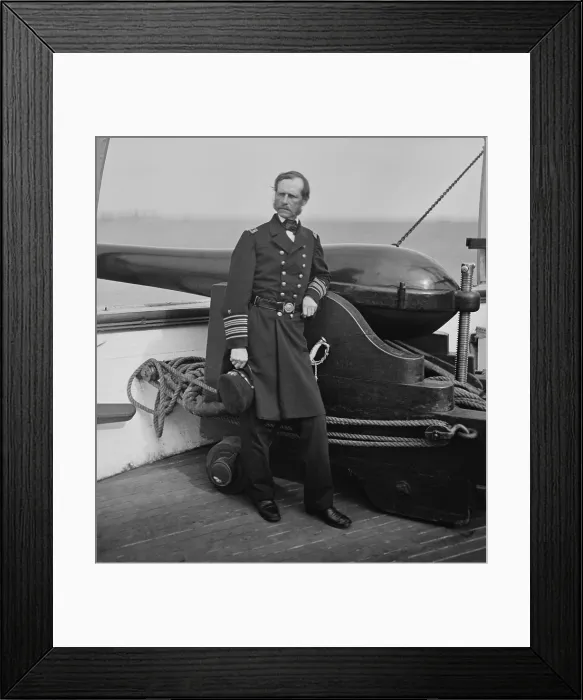 Framed Print : US Civil War. Rear Admiral John Dahlgren standing by one of his inventions, a 50-pounder Dahlgren gun on deck of USS Pawnee, c. 1864