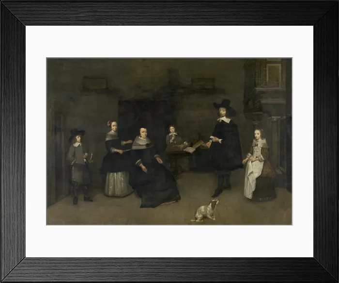 Framed Print : Family Scene, attributed to Caspar Netscher, 1649-84, Dutch painting, oil on panel. The father and mother, with two daughters and two sons Framed Print : Family Scene, attributed to Caspar Netscher, 1649-84, Dutch painting, oil on panel. The father and mother, with two daughters and two sons