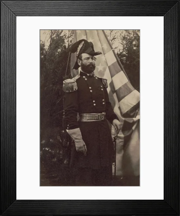 Framed Print : Union Major General Fitz-John Porter in dress uniform in front of a flag Framed Print : Union Major General Fitz-John Porter in dress uniform in front of a flag