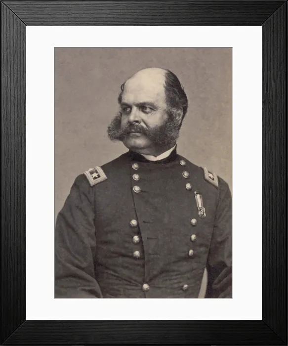 Framed Print : Union Major General Ambrose E. Burnside c. 1862. His distinctive facial hair is the source of the word, sideburns Framed Print : Union Major General Ambrose E. Burnside c. 1862. His distinctive facial hair is the source of the word, sideburns