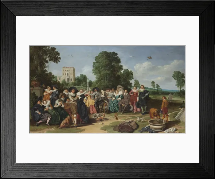 Framed Print : The Fete Champetre, by Dirck Hals, 1627, Dutch painting, oil on panel. Beautifully dressed men and women eat, drink and make merry at a Fete Champetre, an outdoor garden party