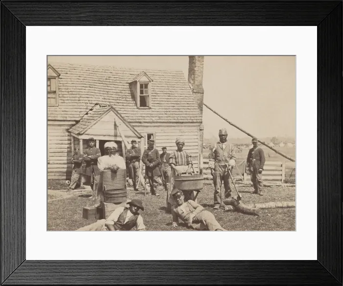 Framed Print : African American contrabands and Union soldiers at General Lafayettes headquarters near Williamsburg Road, VA, May 1862