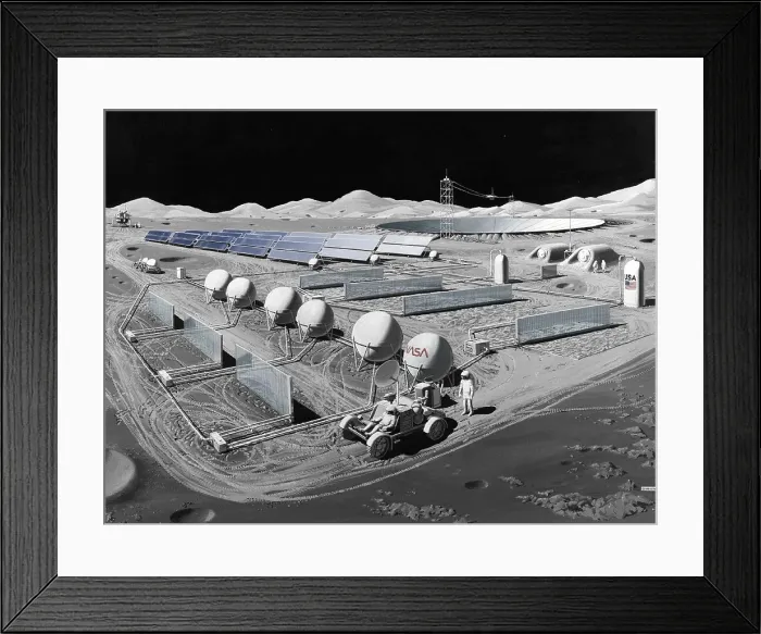 Framed Print : Futurist vision of a lunar observatory with a radio telescope built into the lunar surface. 1988 Framed Print : Futurist vision of a lunar observatory with a radio telescope built into the lunar surface. 1988
